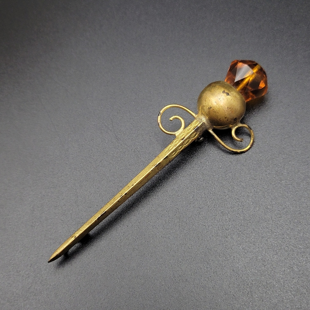 Vintage MCM Scottish Celtic Gold Plated Thistle Citrine Glass Sword Brooch